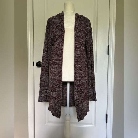 Poof! New York Women’s Maroon Knit Open Front Hooded Sweater Cardigan Size Large - Picture 1 of 9